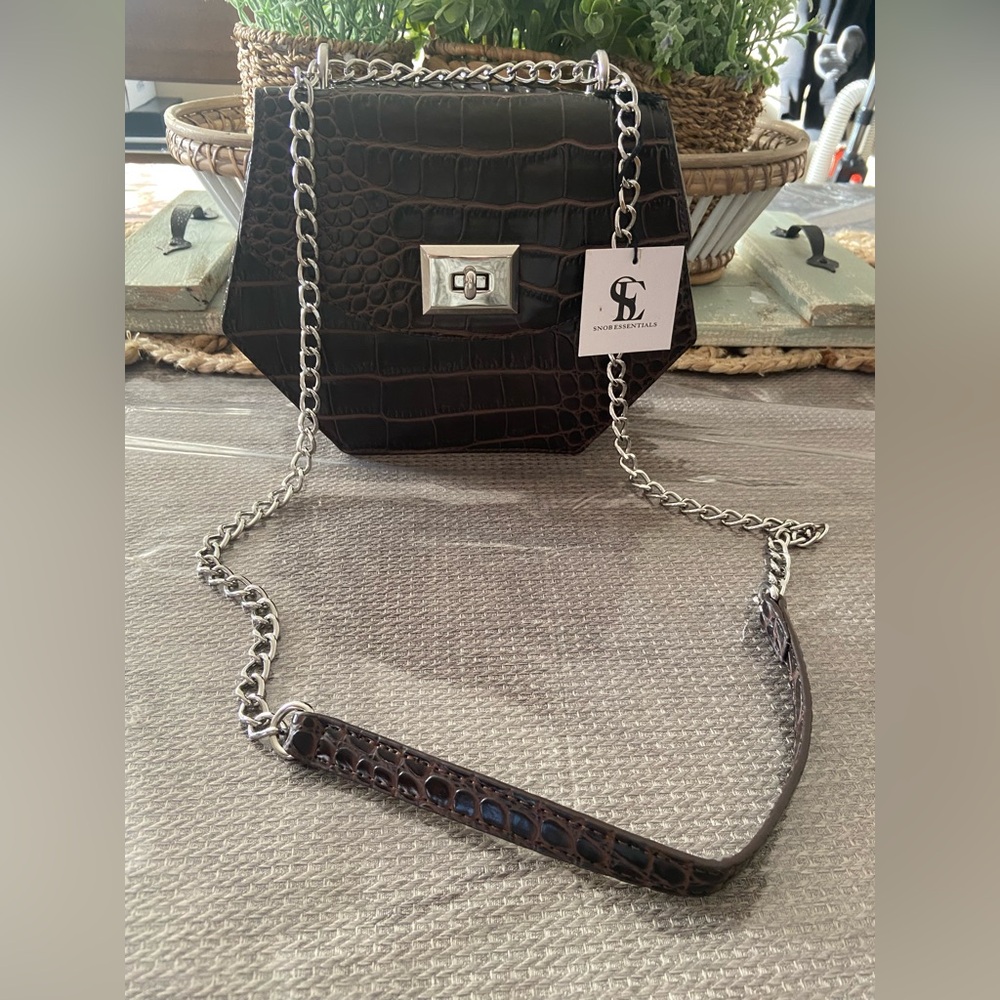 Snob Essentials Brown Embossed Croc Pattern Purse